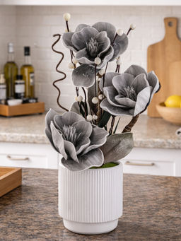Aarvi Decor - Gray Faux Leather Rustic Blossom Harmony Pot With Flower