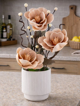 Aarvi Decor - Beige Faux Leather Rustic Blossom Harmony Pot With Flower