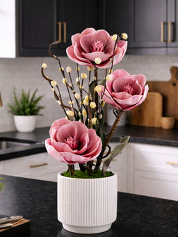 Aarvi Decor - Pink Faux Leather Rustic Blossom Harmony Pot With Flower