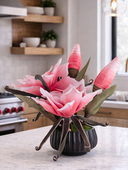 Aarvi Decor - Pink Faux Leather Opulent Dawn Magnolia Arrangement Pot With Flower