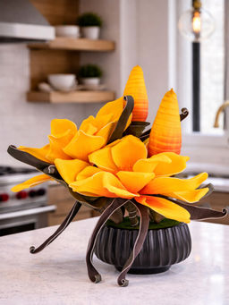 Aarvi Decor - Yellow Faux Leather Opulent Dawn Magnolia Arrangement Pot With Flower