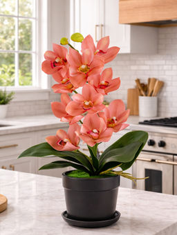 Aarvi Decor - Pink Silk Fabric Coral Luxe Orchid Arrangement Pot With Flower