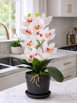 Aarvi Decor - White Silk Fabric Coral Luxe Orchid Arrangement Pot With Flower