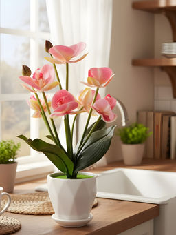 Aarvi Decor - Silk Fabric Orchid Radiance Arrangement Pot With Flower
