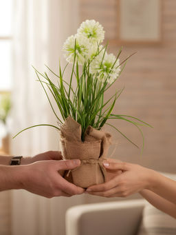 Aarvi Decor - Cream Silk Plastic Faux Allium Arrangement Flower Bunch With Jute Wrap