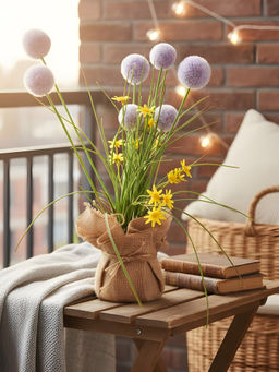 Aarvi Decor - Purple Silk Plastic Artificial Dandelion Arrangement Flower Bunch With Jute Wrap