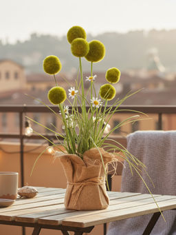 Aarvi Decor - Green Silk Plastic Artificial Dandelion Arrangement Flower Bunch With Jute Wrap