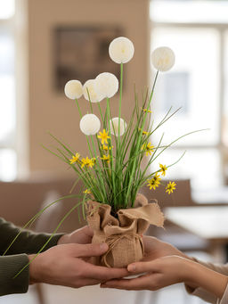 Aarvi Decor - Cream Silk Plastic Artificial Dandelion Arrangement Flower Bunch With Jute Wrap