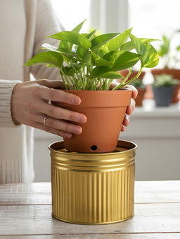 Aarvi Decor - Golden Metallic Freestanding Round Radiant Stripes Planter