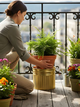 Aarvi Decor - Golden Metallic Freestanding Round Radiant Stripes Planter