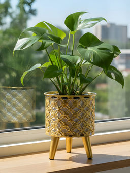 Aarvi Decor - Golden Metal And Wood Freestanding Round Bloom Planter