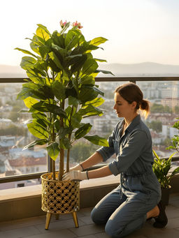 Aarvi Decor - Golden Metal And Wood Freestanding Round Bloom Planter