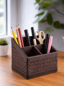 Aarvi Decor - Brown Faux Leather Multipurpose Desk Organizer Stand For Mobile, Pen, Remote & Cards