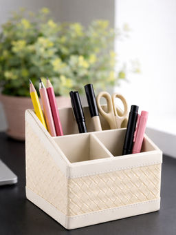 Aarvi Decor - Cream Faux Leather Multipurpose Desk Organizer Stand For Mobile, Pen, Remote & Cards
