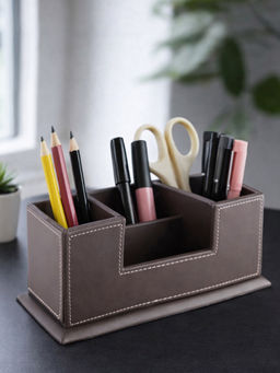 Aarvi Decor - Brown Faux Leather Multipurpose Desk Organizer Stand