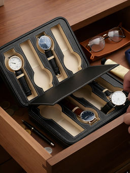 Aarvi Decor - Black Faux Leather 8 Watches travelling Organizer