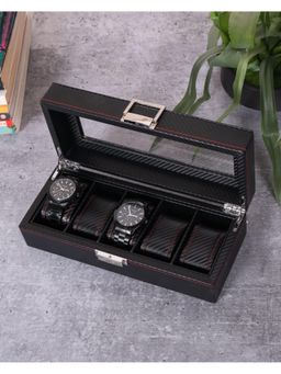 Aarvi Decor - Black Faux Leather 5 Watches Organizer Box Case with Glass Lid