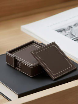 Aarvi Decor - Faux Leather Matt Finish Brown Square Coaster - Set Of 6