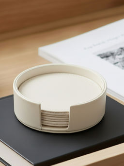 Aarvi Decor - Faux Leather Matt Finish Cream Set Of 6 Round Coaster