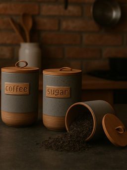 Aarvi Decor - Grey Ceramic Easy To Clean Jar Containers with Lid (Pack of 3)