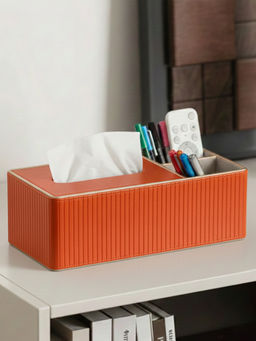 Aarvi Decor - Orange Faux Leather Tissue Holder with Organiser