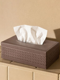 Aarvi Decor - Premium Faux Leather Basket Weave Brown Tissue Holder Box