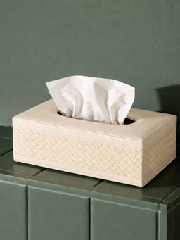 Aarvi Decor - Premium Faux Leather Basket Weave Cream Tissue Holder Box