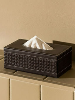 Aarvi Decor - Brown Faux Leather Basket Weave Tissue Box