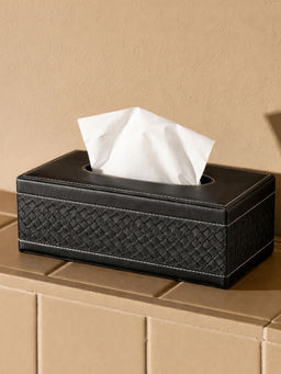 Aarvi Decor - Black Faux Leather Basket Weave Tissue Box
