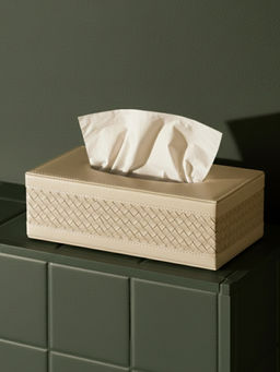 Aarvi Decor - Cream Faux Leather Basket Weave Tissue Box
