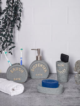Aarvi Decor - Grey Porcelain Sandstone Bliss Soap Dispenser + Toothbrush Holder + Tumbler + Soap Dish