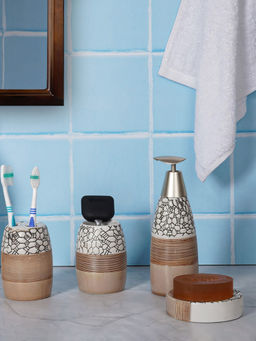 Aarvi Decor - Beige Porcelain Pebble Creek Soap Dispenser + Toothbrush Holder + Tumbler + Soap Dish