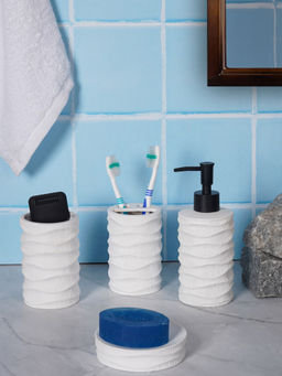 Aarvi Decor - White Porcelain Matte Ebony Soap Dispenser + Toothbrush Holder + Tumbler + Soap Dish