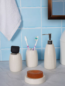 Aarvi Decor - White Porcelain Glaze & Shine Soap Dispenser + Toothbrush Holder + Tumbler + Soap Dish