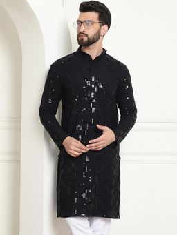 SOJANYA - Men Cotton Embroidered Sequinned Black Long Kurta