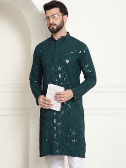SOJANYA - Men Cotton Embroidered Sequinned Green Long Kurta