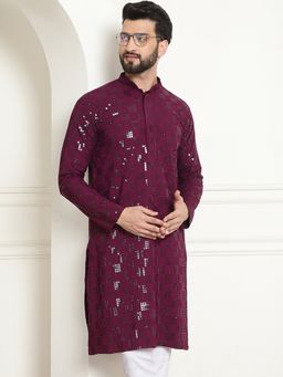 SOJANYA - Men Cotton Embroidered Sequinned Purple Long Kurta
