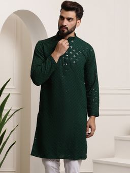 SOJANYA - Men Pure Cotton Green Sequence Long Kurta