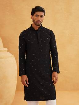SOJANYA - Men Cotton Embroidered Sequinned Black Long Kurta