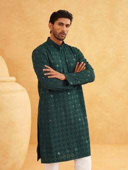 SOJANYA - Men Cotton Embroidered Sequinned Green Long Kurta