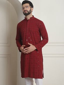SOJANYA - Men Cotton Embroidered Sequinned Maroon Long Kurta