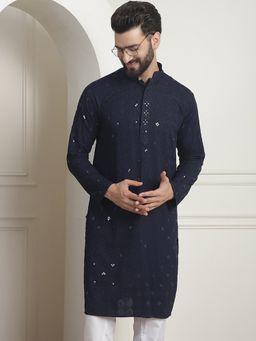 SOJANYA - Men Cotton Embroidered Sequinned Navy Blue Long Kurta