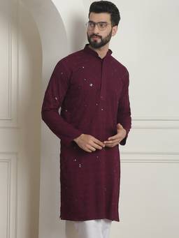 SOJANYA - Men Cotton Embroidered Sequinned Purple Long Kurta