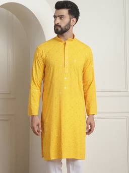 SOJANYA - Men Cotton Embroidered Sequinned Yellow Long Kurta