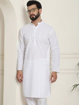 SOJANYA - Men Cotton Thread Embroidered White Long Kurta