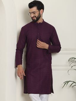 SOJANYA - Men Cotton Thread Embroidered Wine Long Kurta