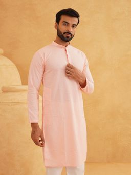 SOJANYA - Men Cotton Embroidered Thread Work Peach Long Kurta