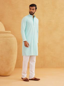 SOJANYA - Men Cotton Embroidered Thread Work Sky Blue Long Kurta