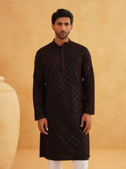 SOJANYA - Men Cotton Contrast Embroidered Sequinned Brown Long Kurta