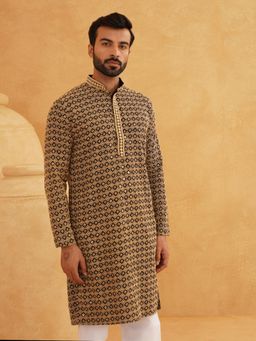 SOJANYA - Men Cotton Contrast Embroidered Sequinned Gold Long Kurta